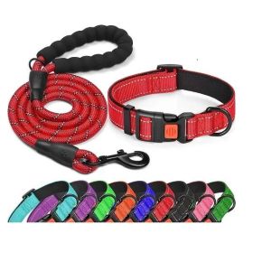 No Pull Adjustable Nylon Dog Harness and Leash Set – Red, Size M
