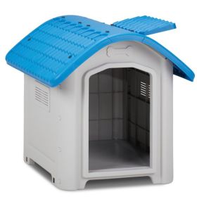 BreezyPup™ 28" Elevated Plastic Dog House – Indoor/Outdoor Shelter with Adjustable Sunroof (Blue & White)