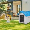 BreezyPup™ 28" Elevated Plastic Dog House – Indoor/Outdoor Shelter with Adjustable Sunroof (Blue & White)