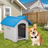 BreezyPup™ 28" Elevated Plastic Dog House – Indoor/Outdoor Shelter with Adjustable Sunroof (Blue & White)