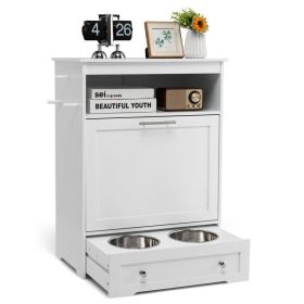 Pet Feeder Station – Elevated Cabinet Feeder with Stainless Steel Bowls, Pull-Out Drawer & Food Storage (Color: White)