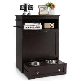 Pet Feeder Station – Elevated Cabinet Feeder with Stainless Steel Bowls, Pull-Out Drawer & Food Storage (Color: Coffee)