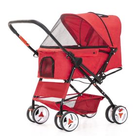 Deluxe 4-Wheel Folding Pet Stroller – Travel Jogger with Adjustable Canopy & Storage Basket (Color: Red)
