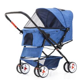 Deluxe 4-Wheel Folding Pet Stroller – Travel Jogger with Adjustable Canopy & Storage Basket (Color: Blue)