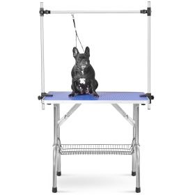 Professional Adjustable Dog Grooming Table | Heavy-Duty Portable Design with Arm, Noose & Mesh Tray (Color: Blue)